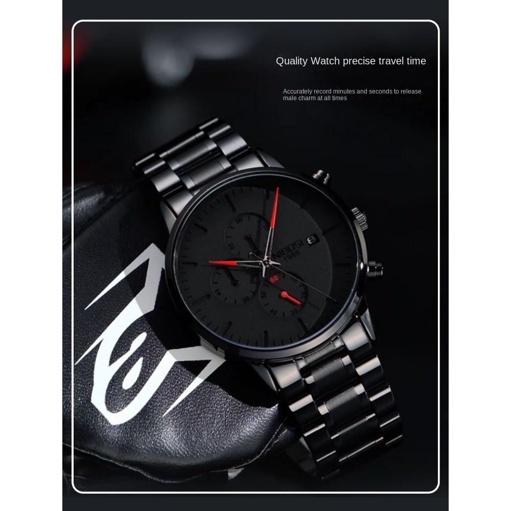 NIBOSI Men's Watch Black Fashion Simple Style Precision Travel Time Multi-functional Waterproof Luminous Quartz Watch
