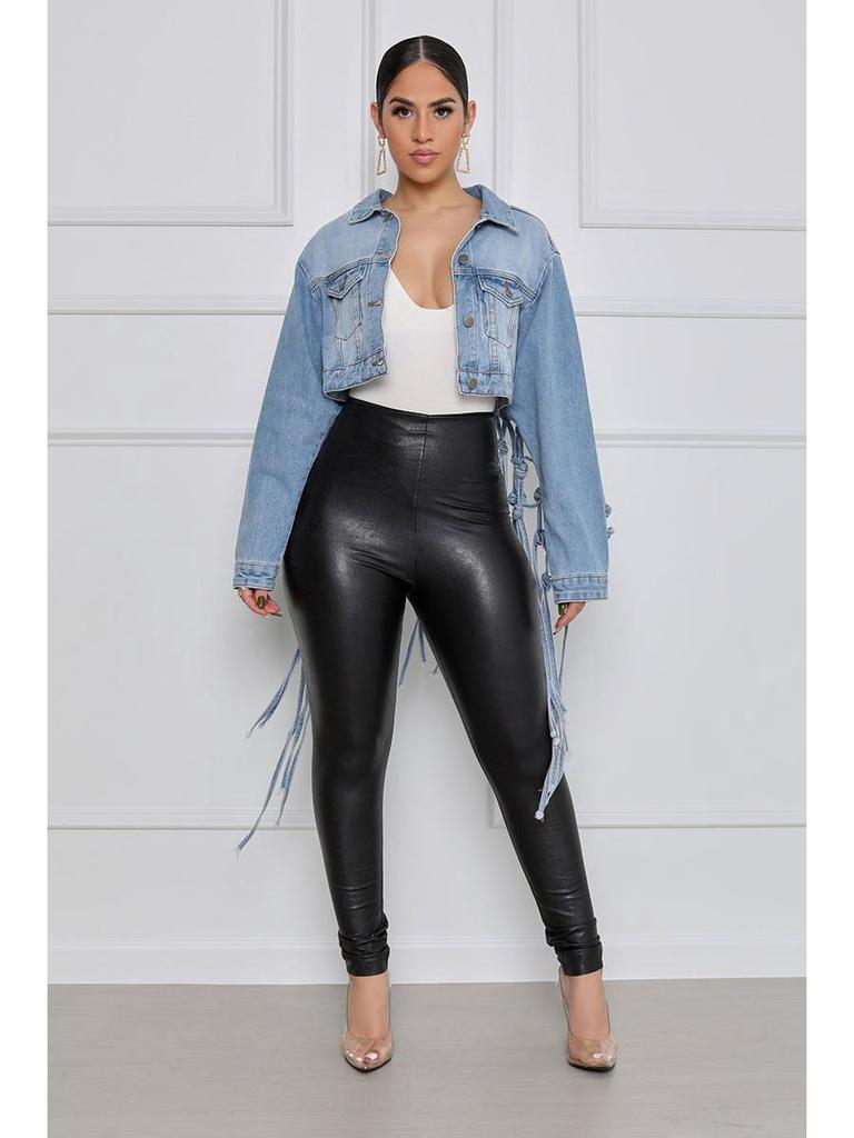 2024 Nová dámská džínová bunda se síťovinou a třásněmi