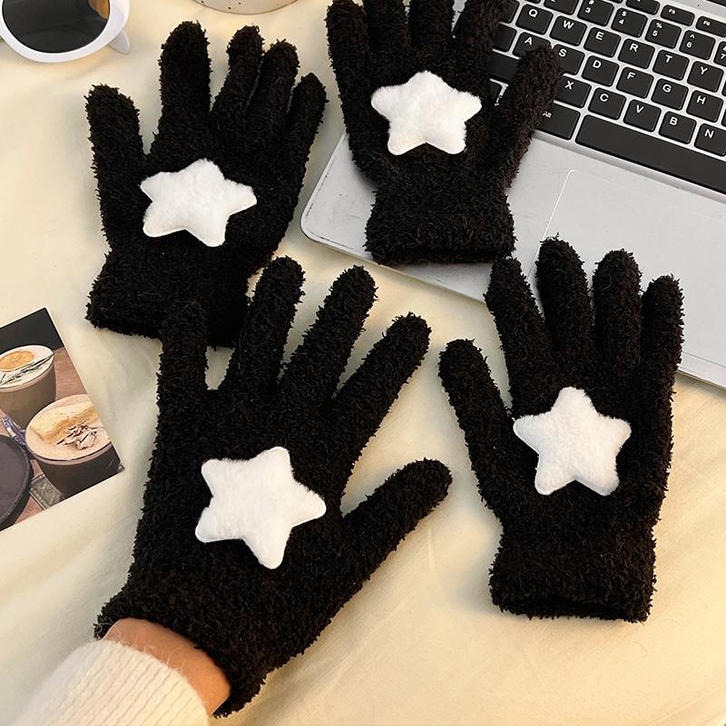 Women Coral Velvet Gloves Outdoor Warmer Soft Cartoon Star Cute Plush Cycling Solid Winter