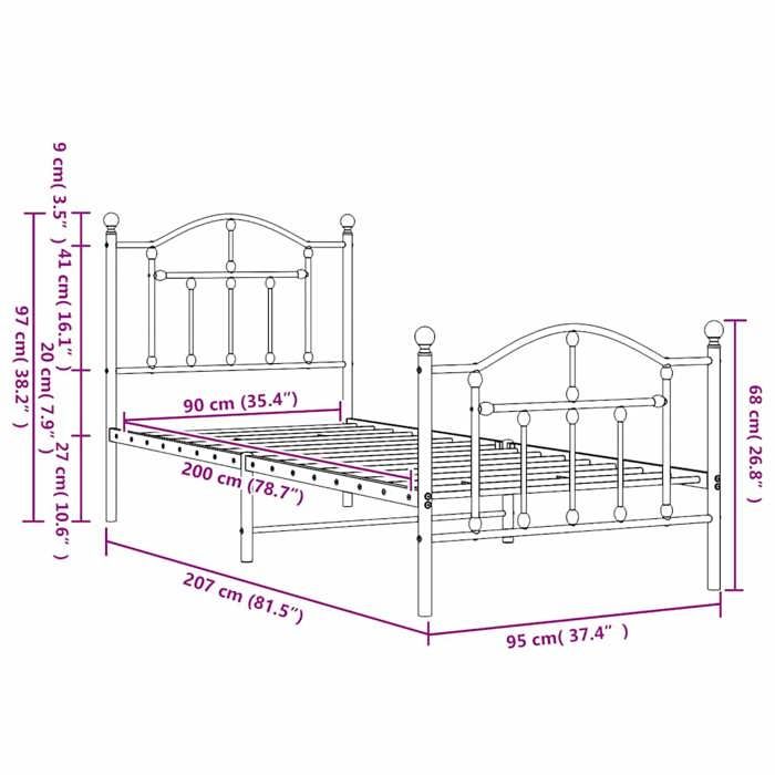 VidaXL Metal Bed Frame with Headboard-Footboard White 90x200 Cm 353499