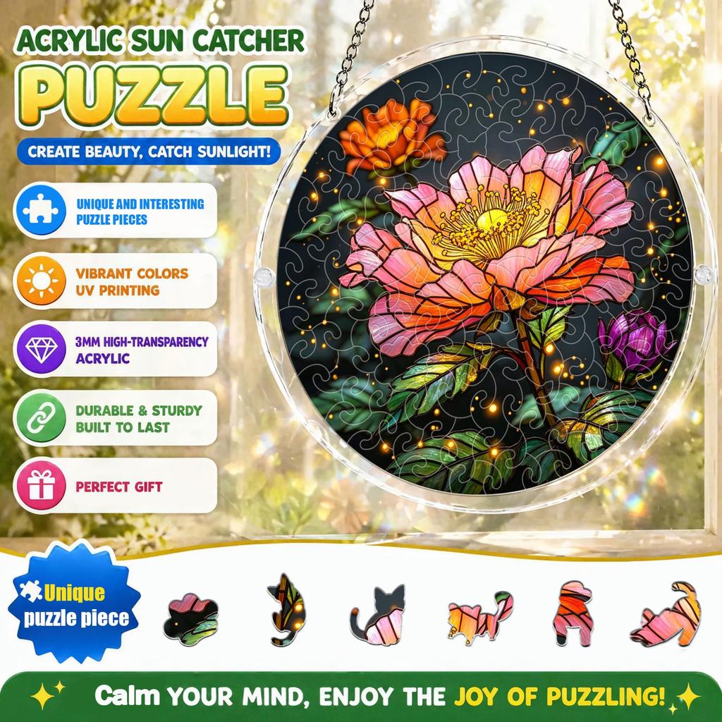 1pc High-Quality Acrylic Sun Catcher Puzzle, Vibrant Floral Pattern, Window Hanging Decor, Home And Garden Ornament, Sizes 18.49 Cm And 21.79 Cm, Dual