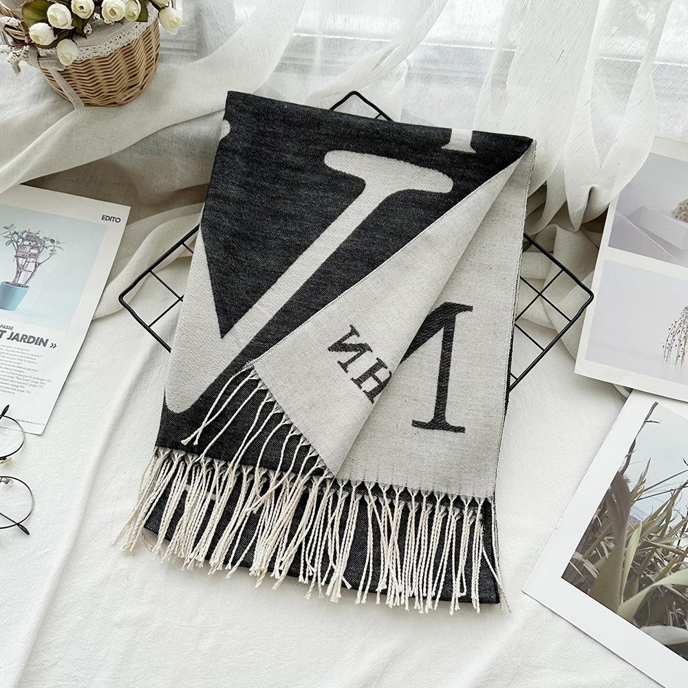 Autumn and Winter Wool Scarf Women's New Imitation Cashmere Letter V Warm Scarf Korean Style Versatile Long Tassel Shawl