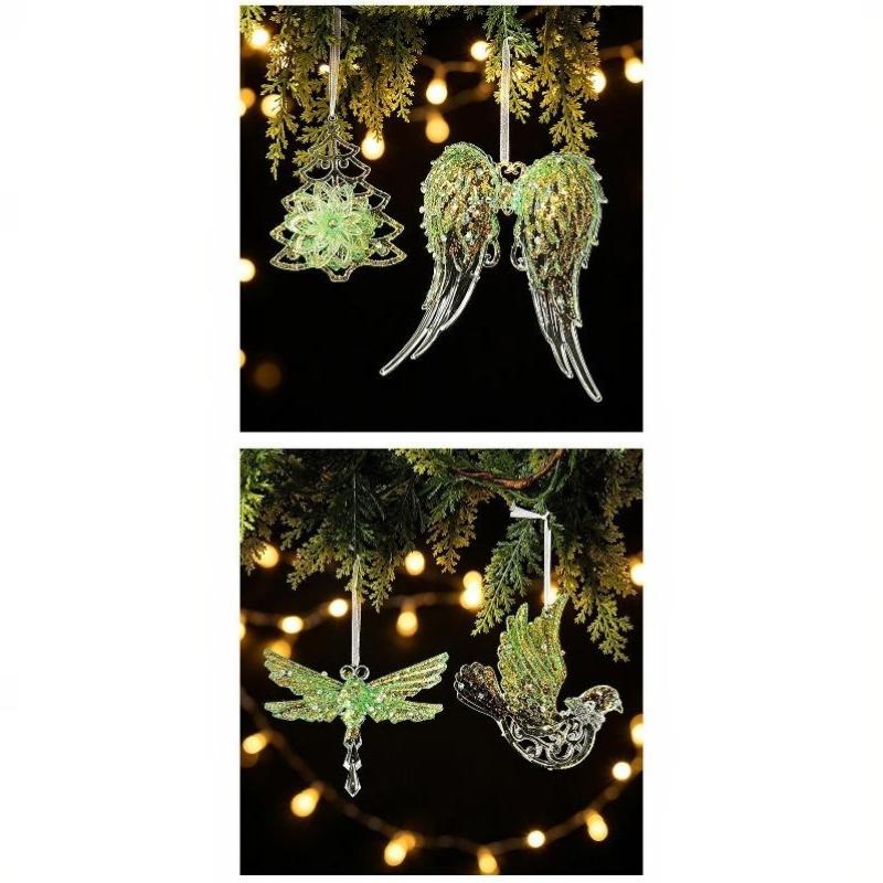Green Glitter Christmas Hanging Ornament Sparkling Reindeer/High Heel/Tree /Snowflake Designs Pendants With Ribbon Decor