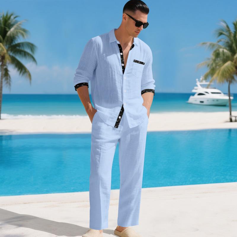 Men's Linen Two Piece Set Long Sleeve Shirt and Relaxed Pants Minimal Holiday Casual Outfit