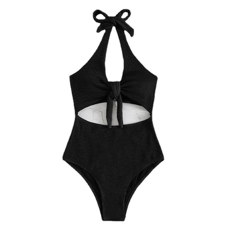 2025 European & American Backless Lace-Up One-Piece Swimsuit: Women's High-Waist Solid Color Sexy Beach Swimwear