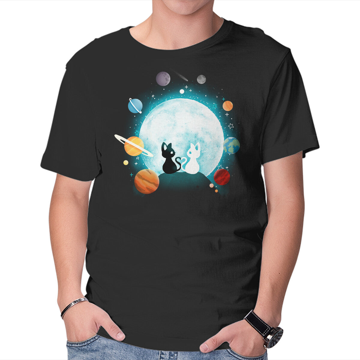 Unisex Crew Neck T-Shirt Moon Cat Planets Graphic Short Sleeve Casual Tee XXL