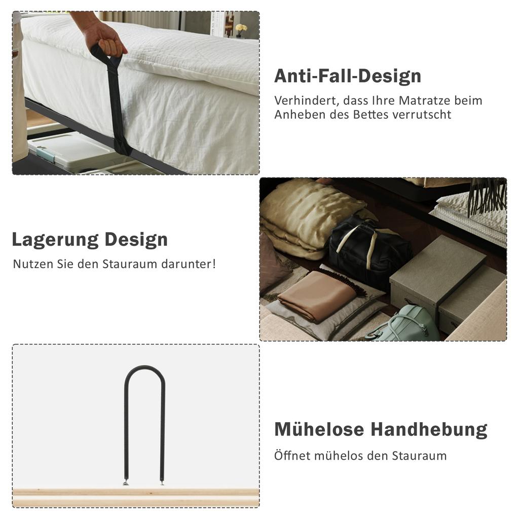 Upholstered Double Bed 180×200, Reading Lamp, USB Type-C Charging, Storage Bed Frame with Solid Wood and Metal Slats, Grey, Linen (Without Mattress)