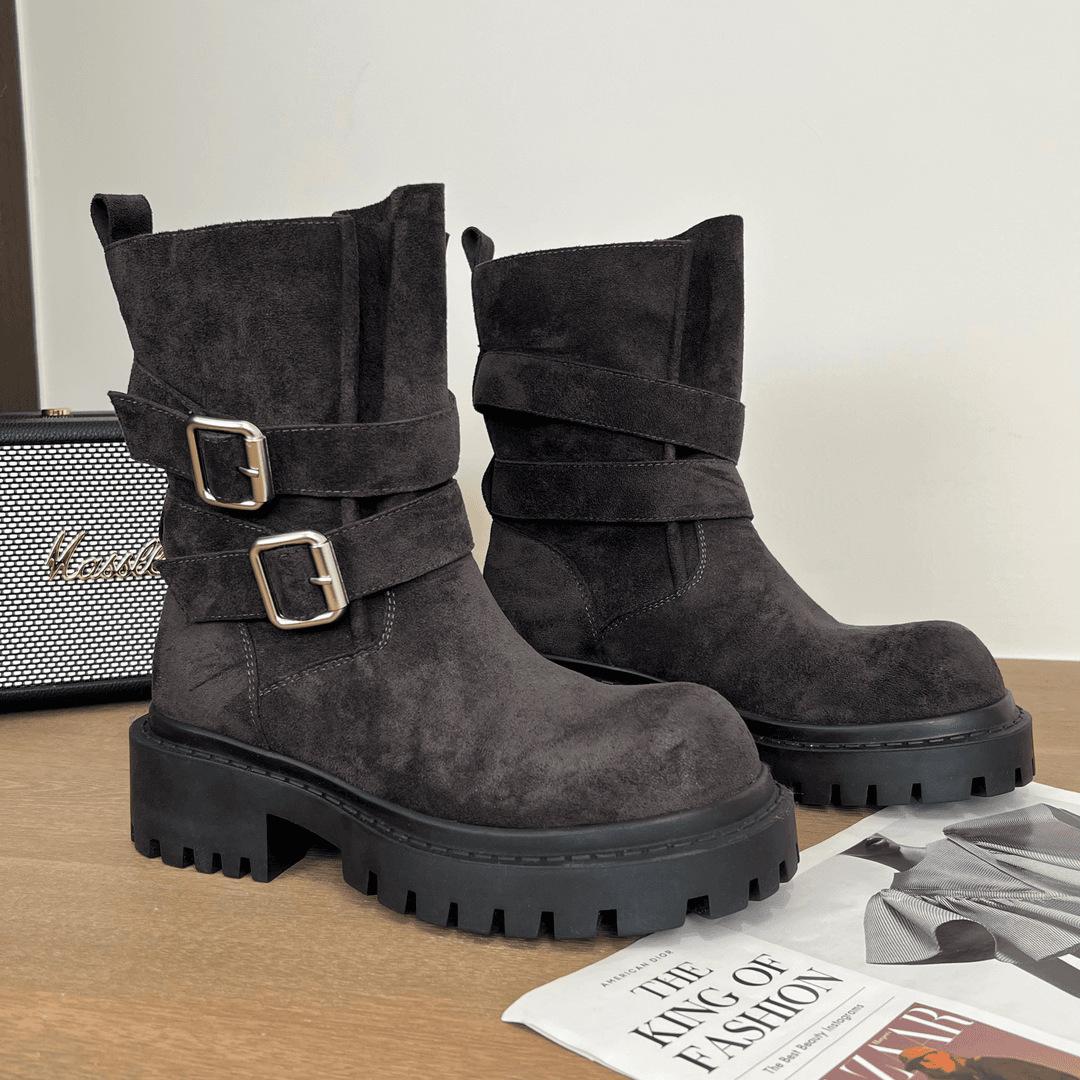 

Booties women s 2025 fall/winter versatile thick-heeled boots vintage British-style belt-buckled Martin boots 40