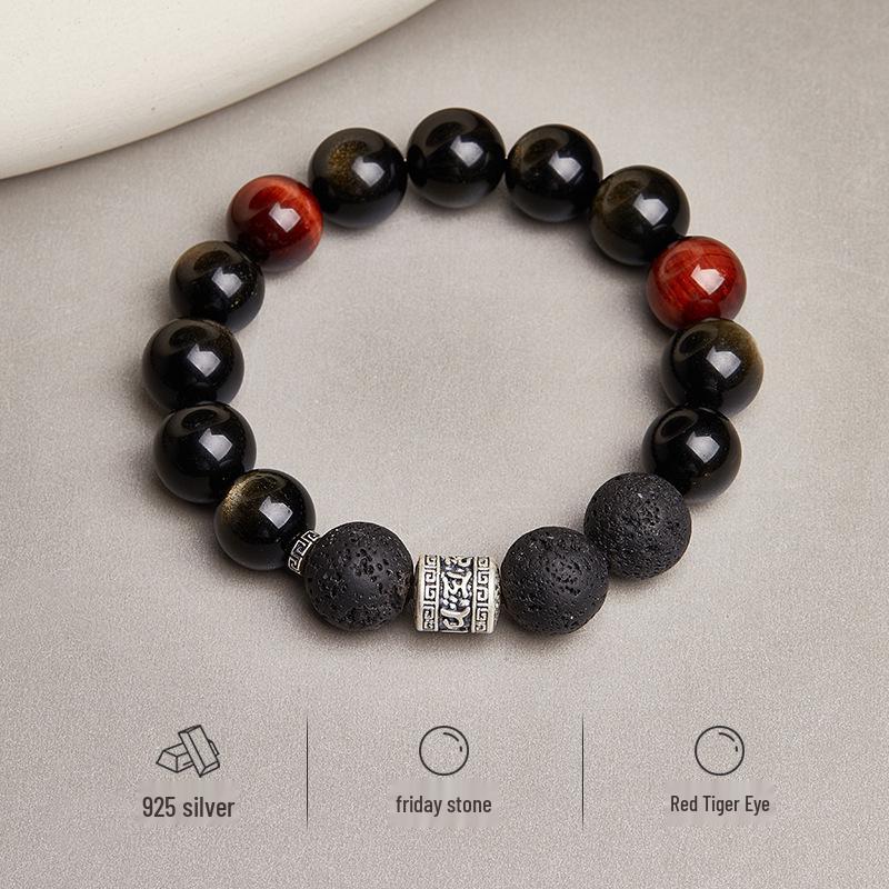 Sterling Silver Volcanic Stone, Gold Obsidian, Red Tiger Eye Men's Beaded Retro Bracelet - Elegant Gift for Boyfriend
