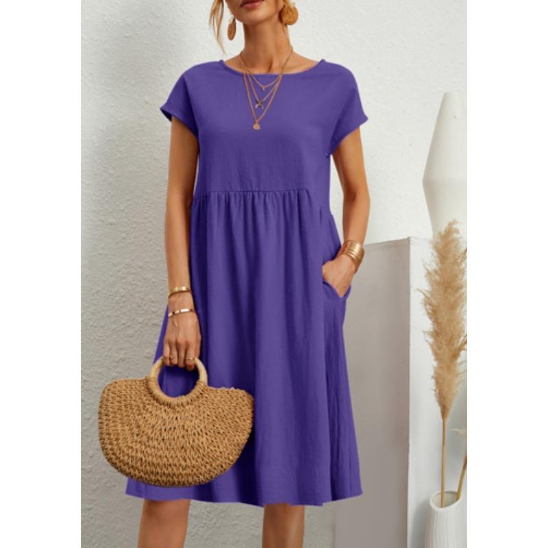 Abito Donna in Cotone Girocollo Manica Corta Linea ad A Ampio Casual Midi Abito Estivo da Sole