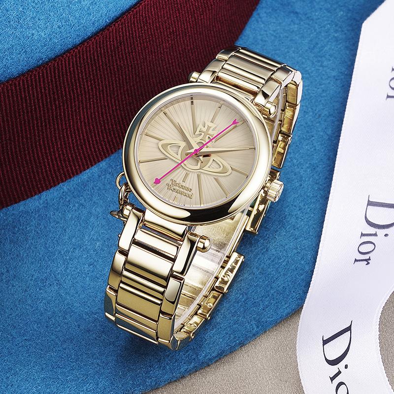 Vivienne Westwood Quartz Watch Stainless Steel Band Gold Dial 50 Meters Water Resistant Women watches Silver VV006KGD