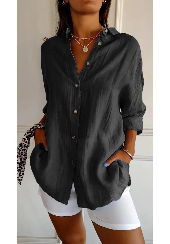 2024 Women's Solid Color Pleated Lapel Shirt - European & American Style, Single-Breasted Roll-Up Sleeve Top