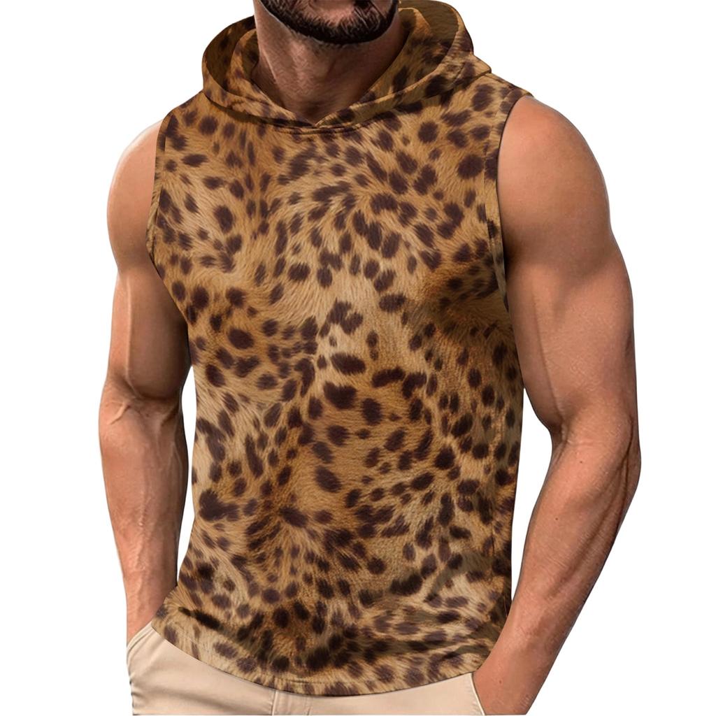 Men's Sleeveless Hoodie Lightweight Casual Vest with Leopard Print Pattern Fashionable Design for Summer Outdoor Activities Gym and Daily Wear