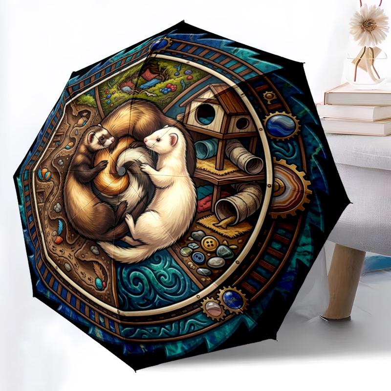 Ferret Harmony Mandala Pattern Umbrella, Portable and Foldable Design, 8 Ribs, a Casual Accessory for Halloween, Christmas, and Birthday Gifts.
