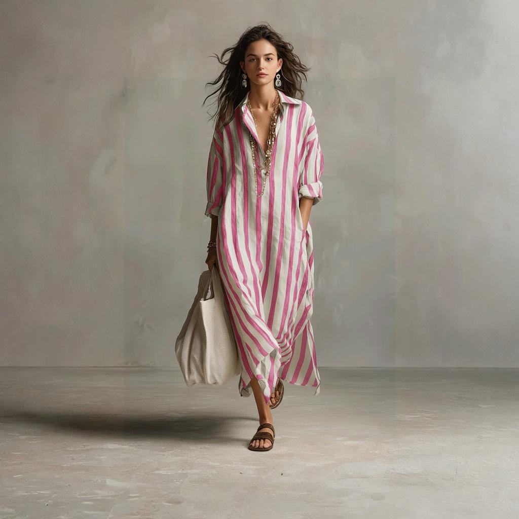 Women's Fashionable Loose V-neck Long Striped Three-quarter Sleeve Shirt Dress