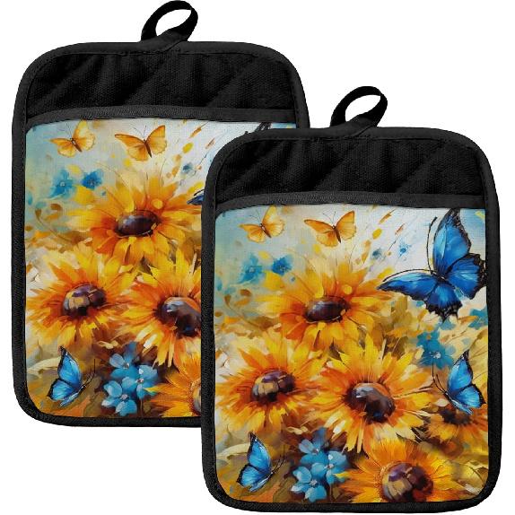 You are My Sunshine Sunflower Floral Oven Mitts Set, You are My Sunshine Gifts, Yellow Checkered Sunflower Heat Resistant Kitchen Oven Gloves for Huafzhut-1