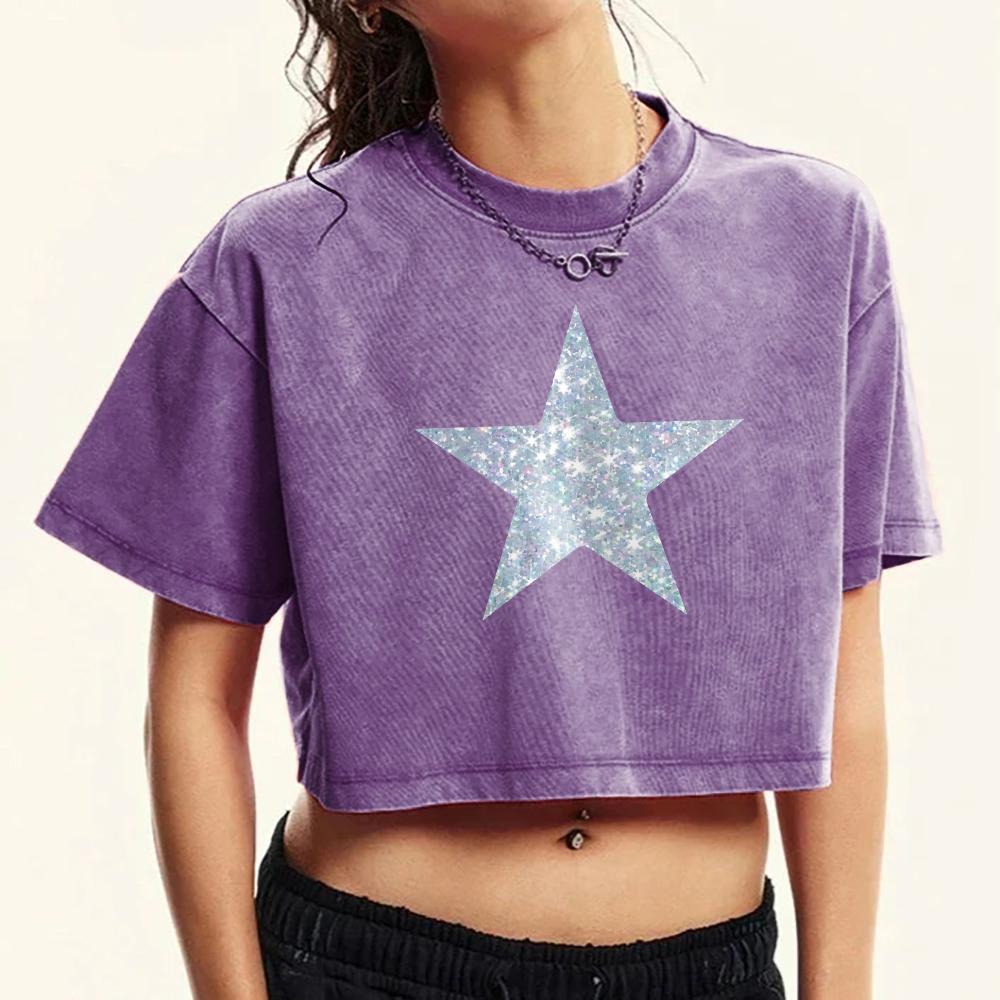 Diamond Patterned Stars Printed Women Washed T-Shirt Slim Cotton Tops Retro Fashion Tee Shirt Fitness Summer T Shirts
