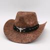 Unisex Pu Leather Western Cowboy Hat Metal Engraved Bull Head Rivet Belt Hat Party Hat