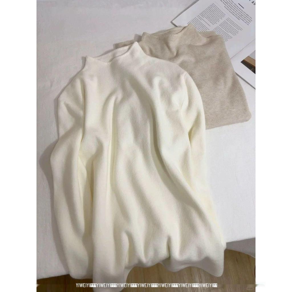 Women's Milky Yellow Slim-Fit Knit Sweater - Semi-High Neck, Soft, Autumn/Winter Base Layer, Straight Shoulder Design