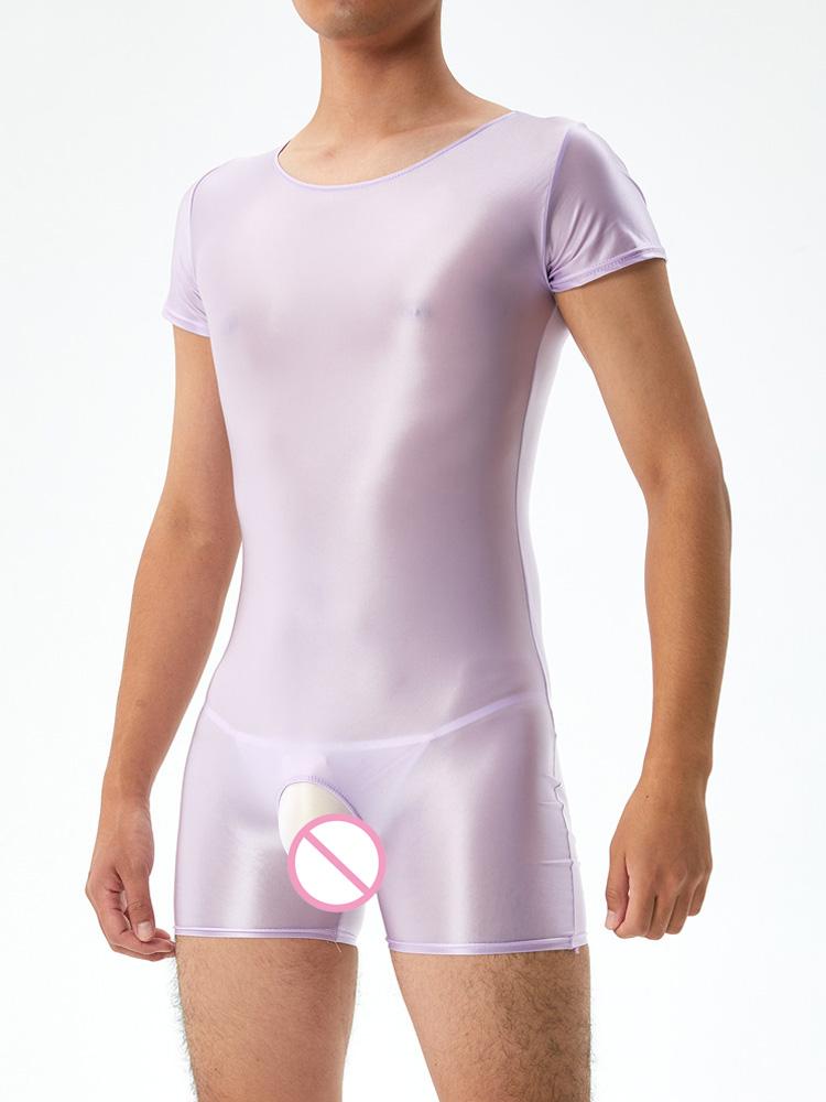 Sexy Men Satin Oil Glossy Shiny Bodysuit Yoga Tights Elastic Shaping Leotard Crotchless Jumpsuit Candy Color Exotic Tops Plus