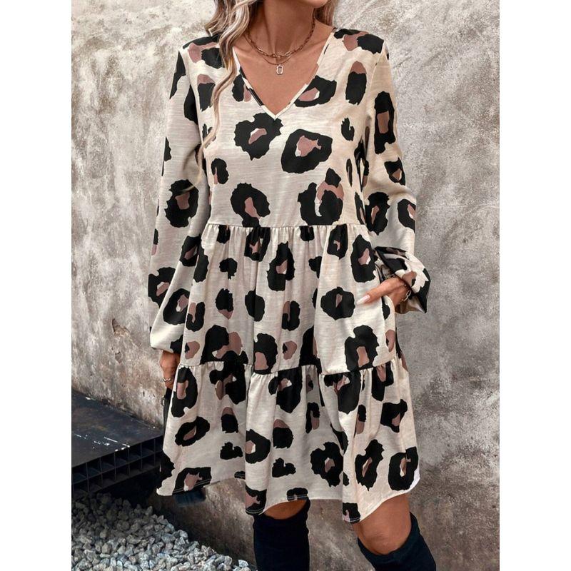Spring & Fall New Arrival Fashion Wind Cross-Border Fashion V-neck Leopard Print Print Loose Lotus Leaf Long Sleeves Dress Female Dress