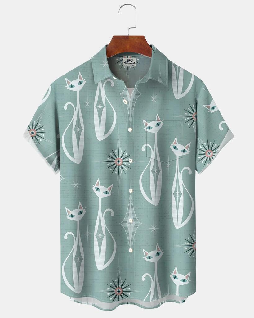 Men's Cute Cat Cartoon Geometric Print Hawaiian Shirt Short Sleeve Casual Beach Vacation Summer Button-Up Top