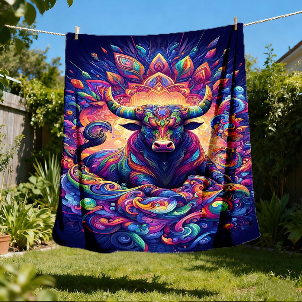 1pc Bull Artwork Throw Blanket Polyester Fiber, Lightweight Flannel, Soft & Warm, All Season Use for Outdoor, Camping Digital Print