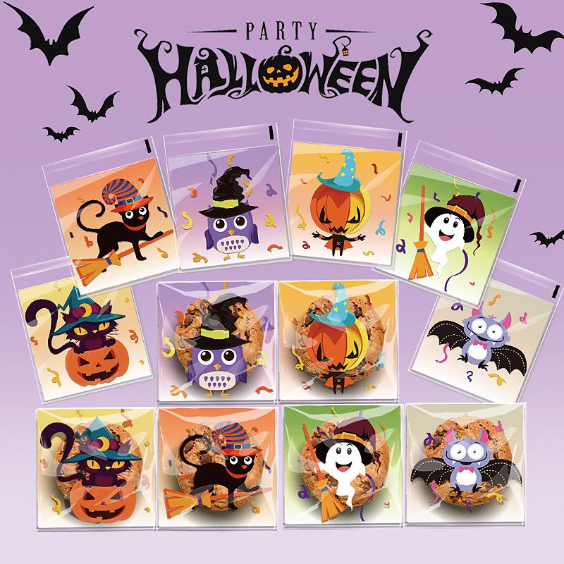 100pcs Halloween Plastic Happy Halloween Transparent Pumpkin Ghost Candy Self-adhesive Plastic Baking Cookie