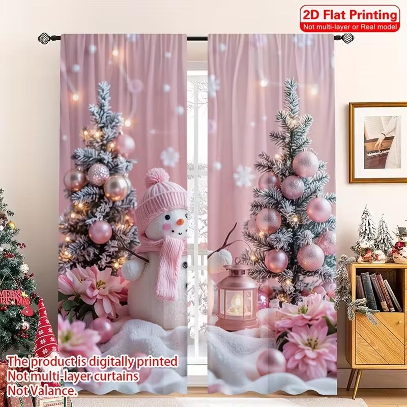 2pcs  Sweet Pink Snowman Pattern Curtains   Cute Design Light - Filtering Polyester Curtains for Christmas Home Windows