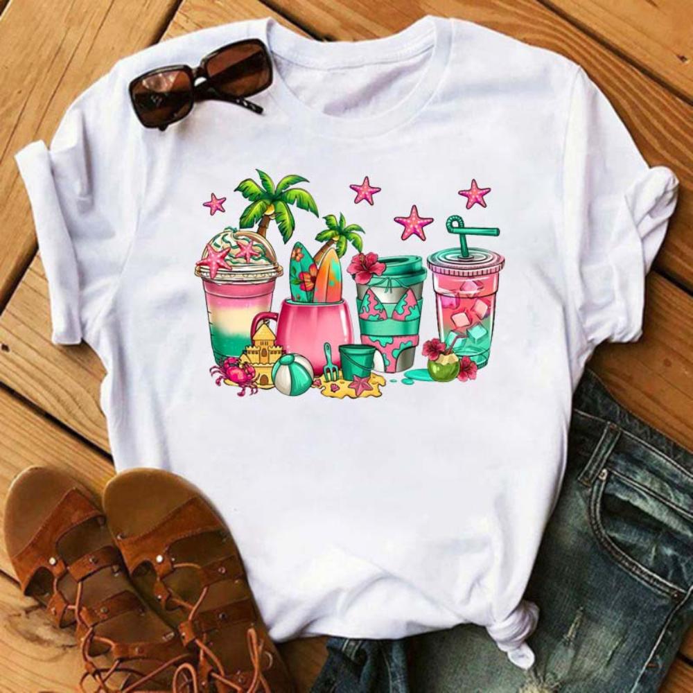 Cartoon Coffee Women TShirt Water Bottle with Juice Loose Tee Red Cherries Graphic Daily Streetwear Fashion Soft Top T Shirt