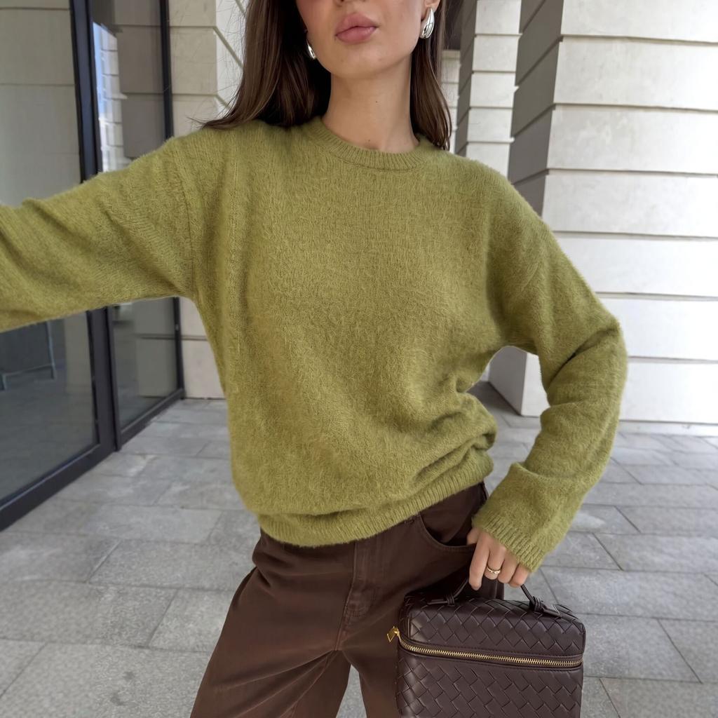 2026 Autumn and Winter New Imitation Mink Loose Crew Neck Sweater Women's Lazy Style Soft Knitted Jumper Hot Sale