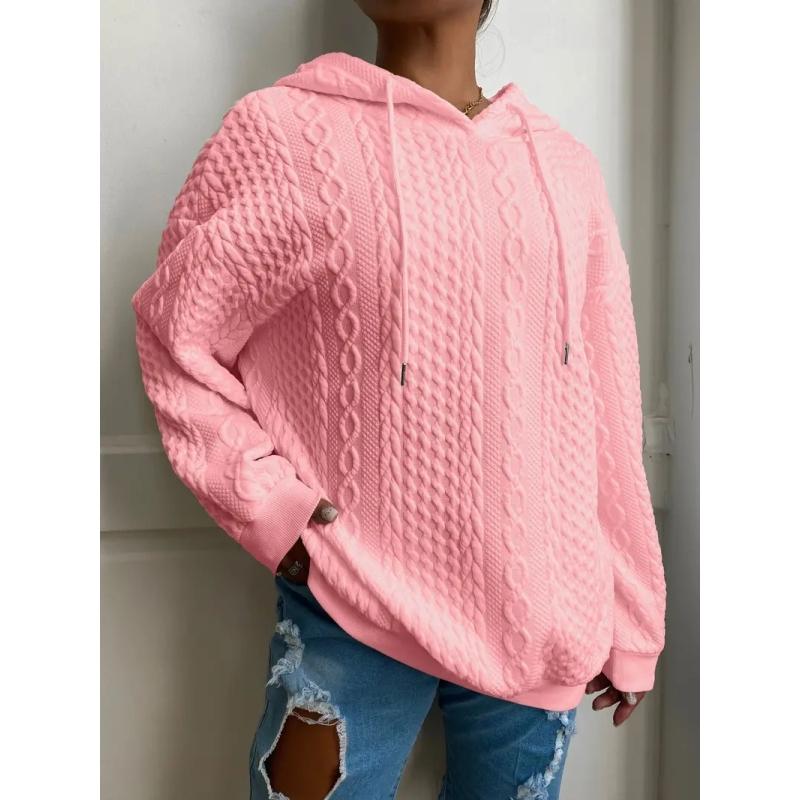Women's Casual Top, Solid Color Textured Long Sleeve Drawstring Loungewear Hoodie