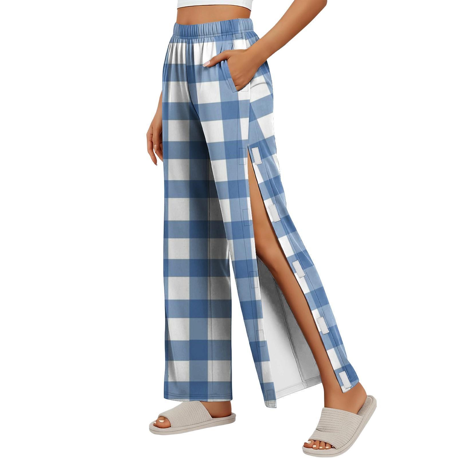 

Women Plaid Side Velcro Closure Easy Open Post Surgery Recovery Care Long Pants Adjustable Fit Soft Fabric XL небо синє кольору