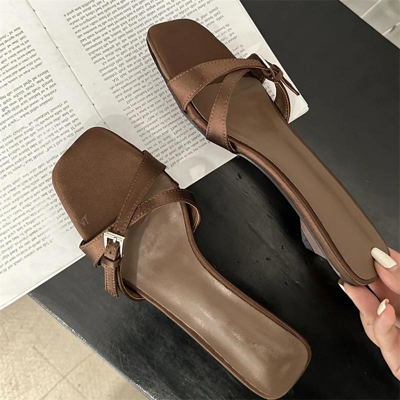 Summer Fashion Narrow Band Strange Style Low Heels Slippers Square Toe Party Beach Women Sandals Slides Shoes