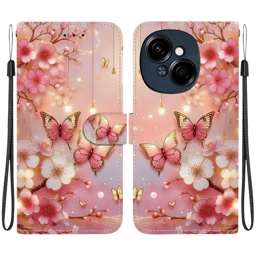 Handmade PU Leather Flip Case for Tecno Pop 9 Pro Anti-Slip Shockproof Cover with Wrist Strap & Heart/Rose Cat Designs