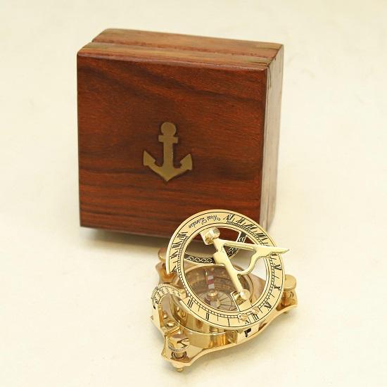 Brass Sundial Compass with Wooden Box  Engraving Gift Nautical Décor Handmade Steampunk Travel Compass