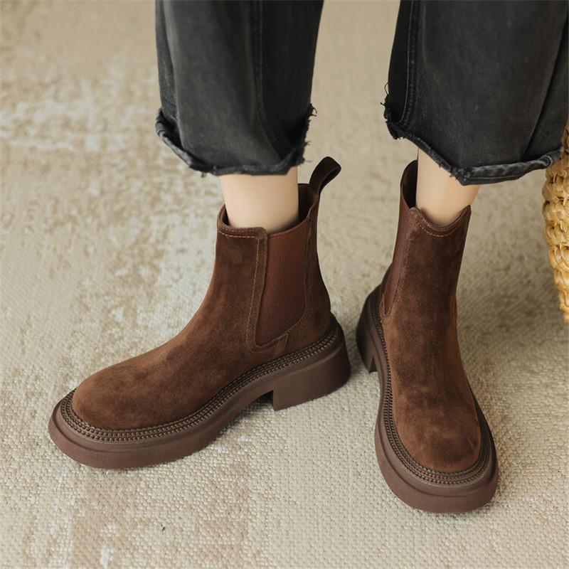 Fashion New Winter Sheep Suede Women Boots Round Toe Chunky Heel Chelsea Boots for Women Platform Short Boots Ladies Shoes Zapatos Mujer