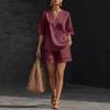 European/American Women's Solid Color Cotton Linen V-Neck Casual Two-Piece Set (Top & Shorts) - Spring/Summer 2026 Collection