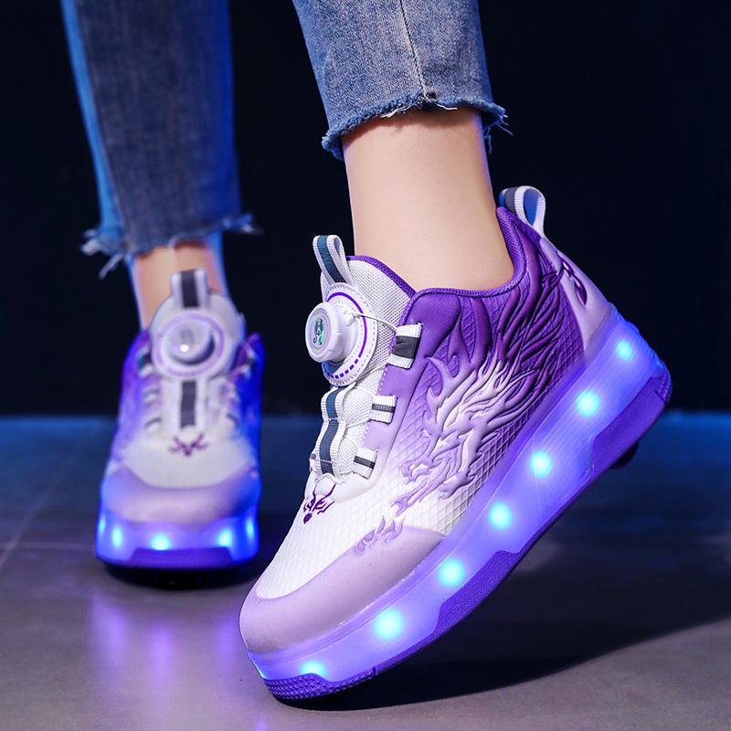 Children's Roller Skates Removable Flat Charging LED Four Wheels Glowing Sports Shoes Pink Women's Glowing Sneakers