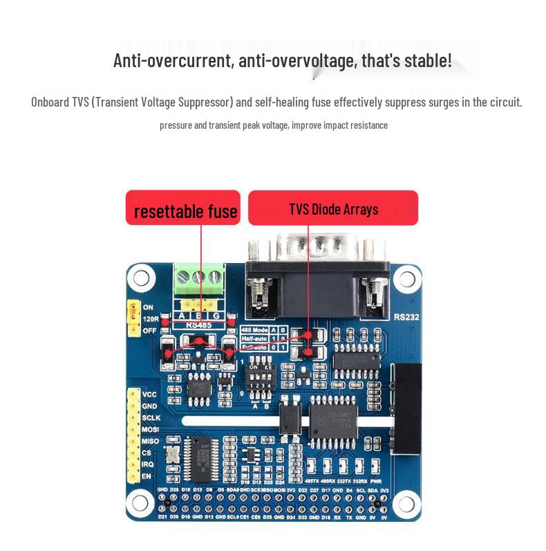 Weixue Raspberry Pi Expansion Board with Isolated RS485/RS232, SPI Control, and Onboard Protection.