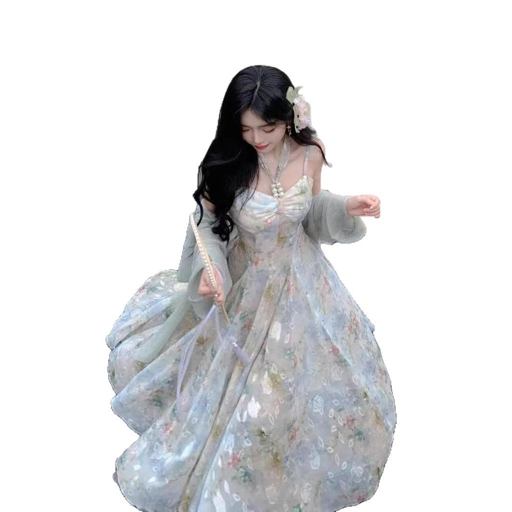Retro Oil Painting Style Printing Suspender Dress Summer Atmosphere Super Fairy Romantic High Waist Thin Long Dress Temperament Skirt