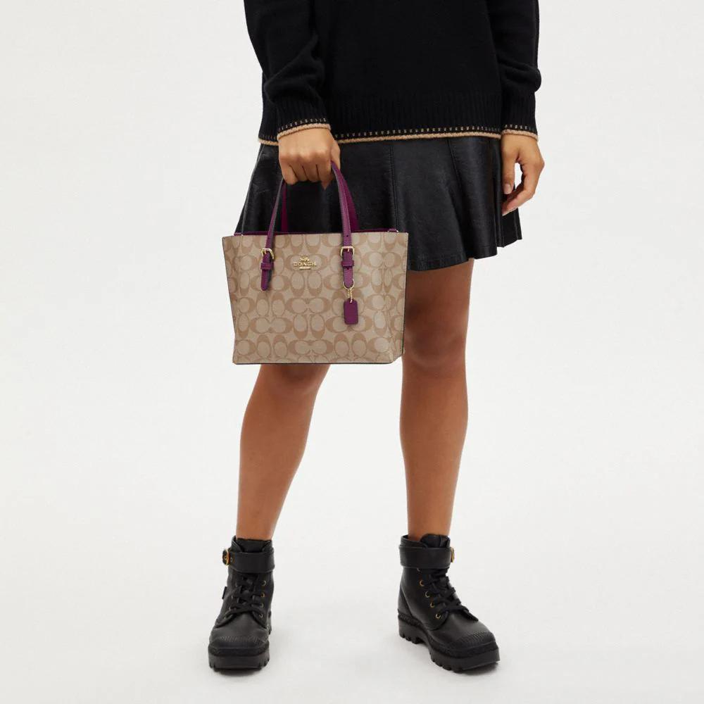 Coach Mollie Zipper Closure Coated Canvas And Leather Tote Bag Women Tote Khaki Boysenberry C4250-IMRSF