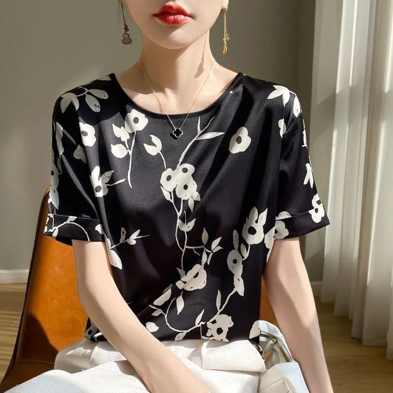 Women's Floral Print Satin Blouse Casual Round Neck Short Sleeve Loose Fit Elegant Office Top
