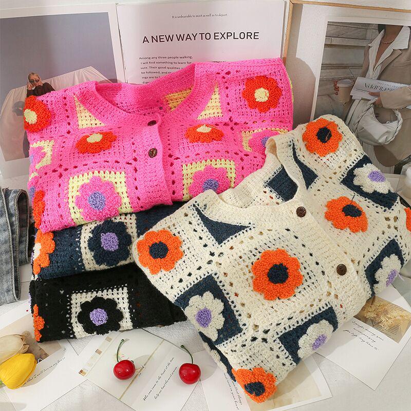 Vår Japansk Söt Ihålig Broderi Blommig Stickad Kofta - Dam Kort Långärmad Tröja Trend