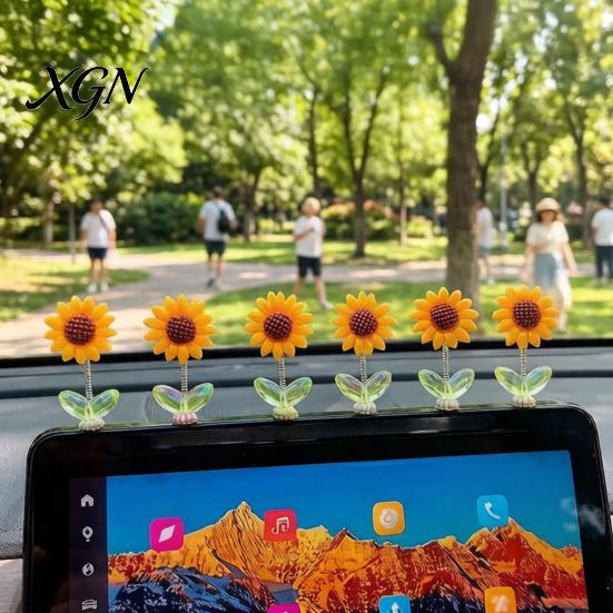 Car Interior Decor for Teen Girls Sunflower Dashboard Decor, Resin Wobble Flower Ornament with Non Cute Slip Adhesive, Shaking Rearview Mirror Office