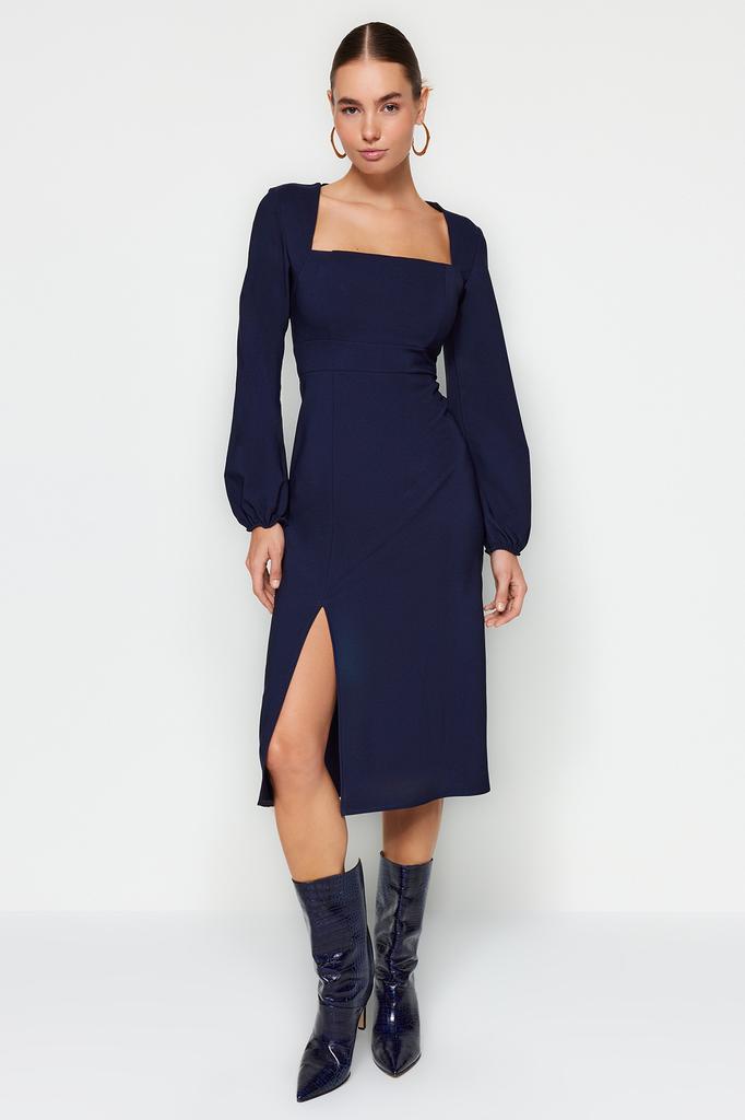 Women's Dress New Season Fashion Navy Blue Slit Square Collar Woven Dress