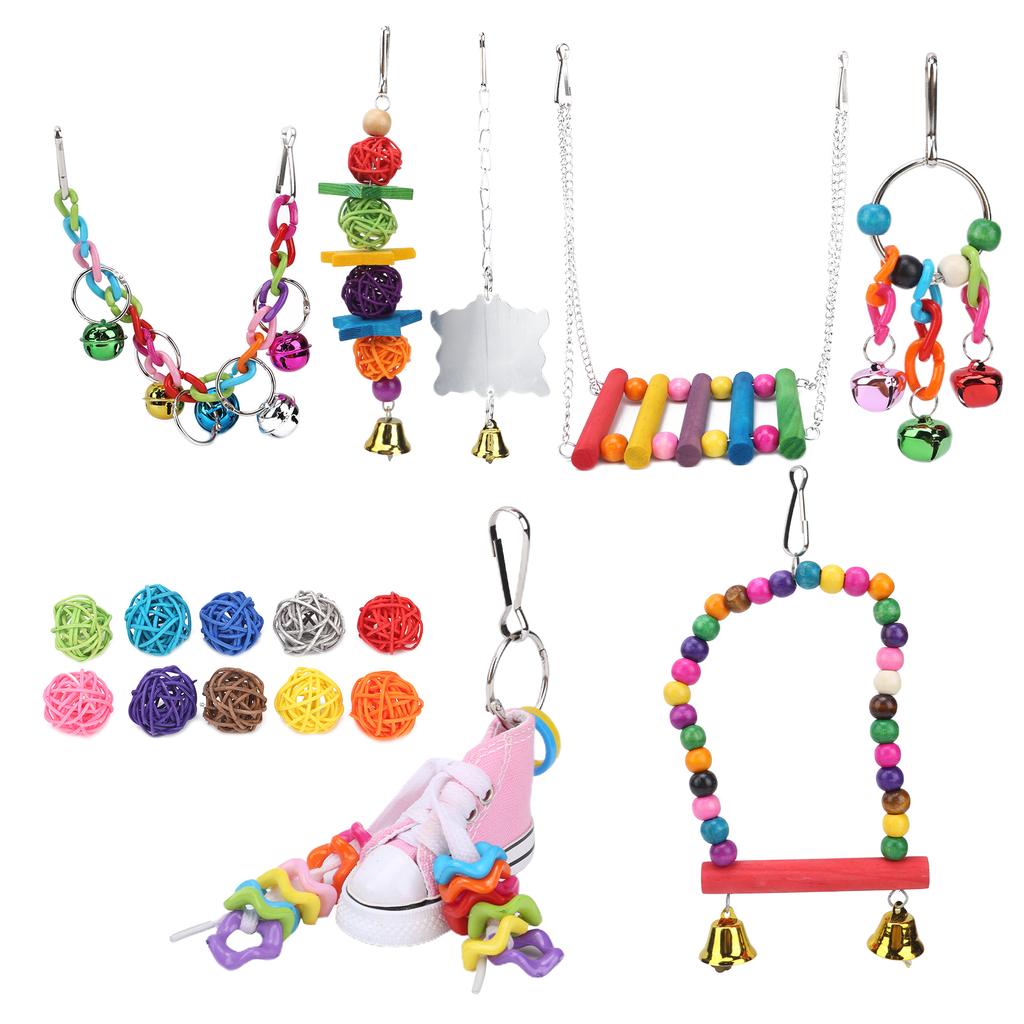 17 Packs Bird Toys Sepak Takraw Hanging Chain Swing Bell String Set for Small and Medium Parrots
