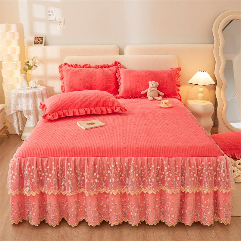 Jupe de lit en Fiber de lait d'hiver, couvre-lit matelassé en dentelle, épais et chaud, couverture de matelas en polaire pour bébé, literie en molleton de corail