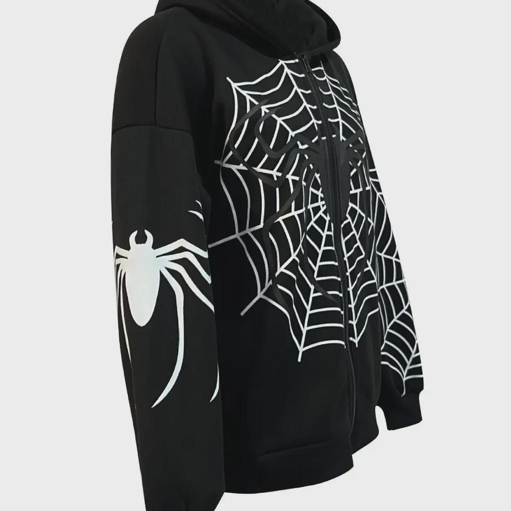 Spider Web Print Y2K Fleece Damen Hoodie - Herbst/Winter Casual Zipper Cardigan