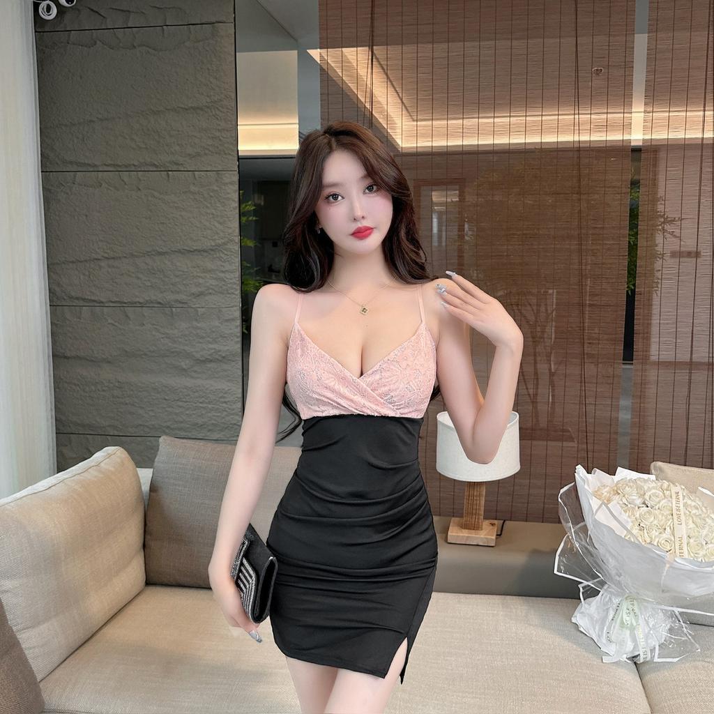 Lace Splicing Contrasting Color V-neck Low-cut Shop Working Women's Clothing Temperament Tight Hip-wrapped Suspender Base Dress